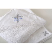 Крыжма махровая с капюшоном Крест с голубой веточкой PUSHA