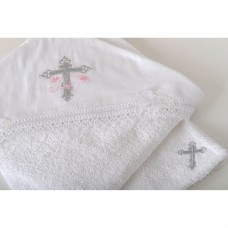 Крыжма для девочки с капюшоном Крест с розовой веточкой PUSHA