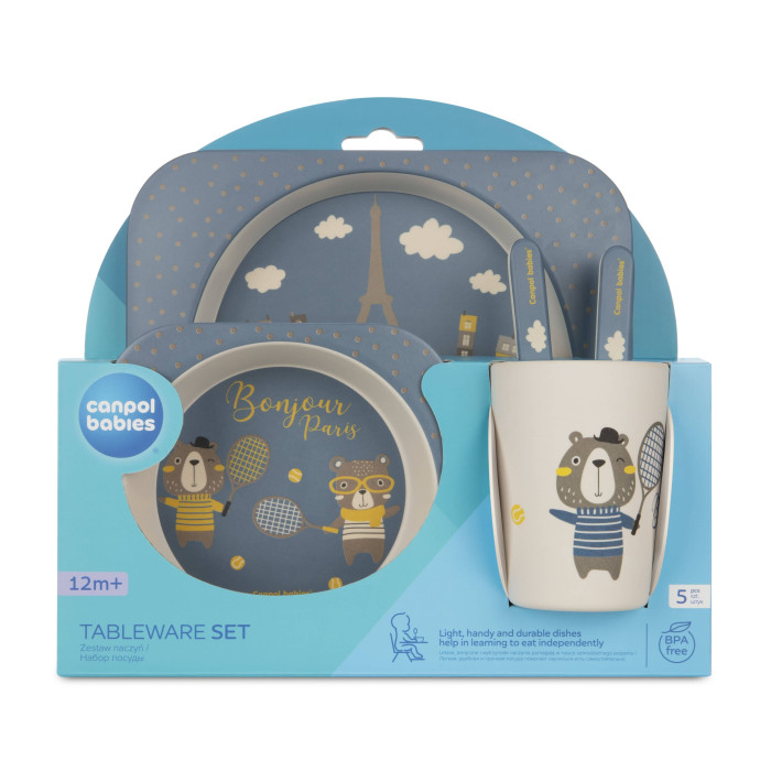 Canpol babies BONJOUR PARIS набор посуды 5 эл. синий — экологичная детская посуда для самостоятельного кормления