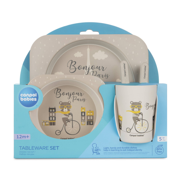 Canpol babies BONJOUR PARIS набор посуды 5 эл. бежевый— экологичная детская посуда для самостоятельного кормления