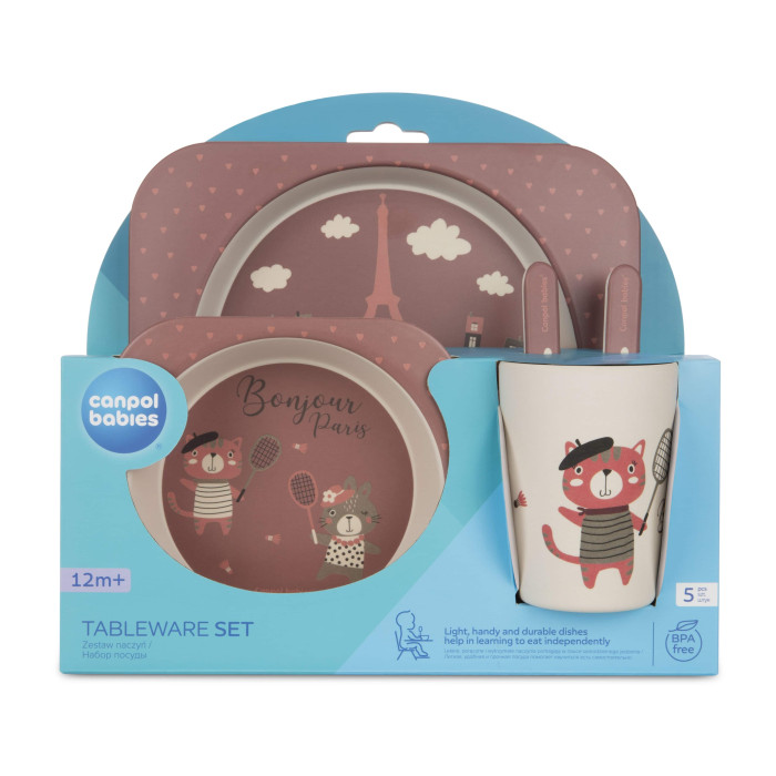 Canpol babies BONJOUR PARIS набор посуды 5 эл. красный — экологичная детская посуда для самостоятельного кормления