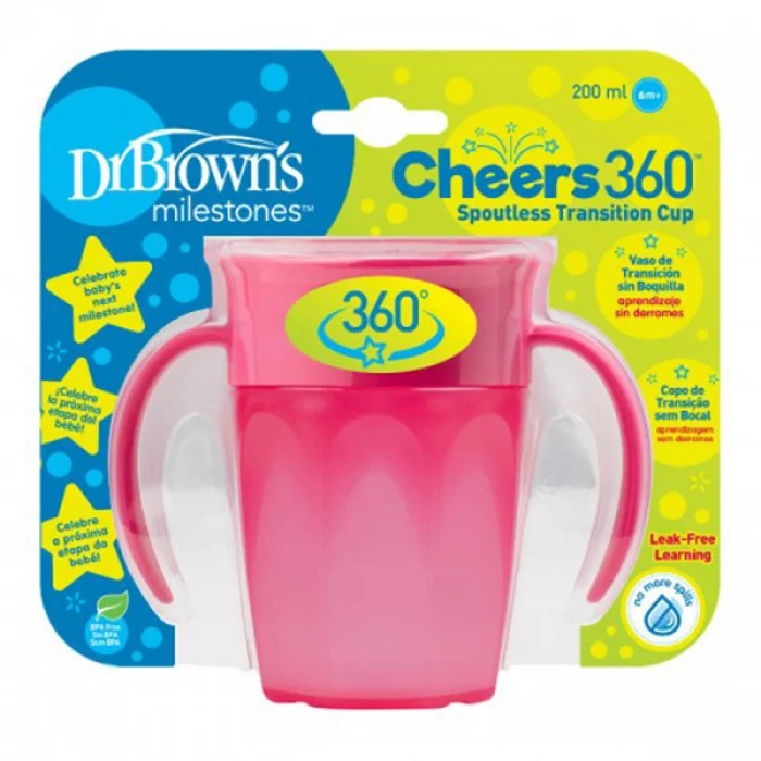 Поильник с ручками 360˚ розовый 200 мл, Dr. Brown's